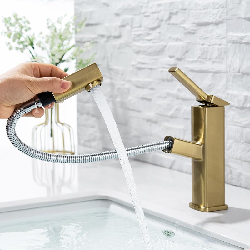 KAIYING Bathroom Sink Faucet with Pull Out Sprayer, Single Handle Basin Mixer Tap for Hot and Cold Water, Lavatory Pull Down Sink Faucet with Rotating Spout (Regular,Brushed Champagne Gold) - Image 1